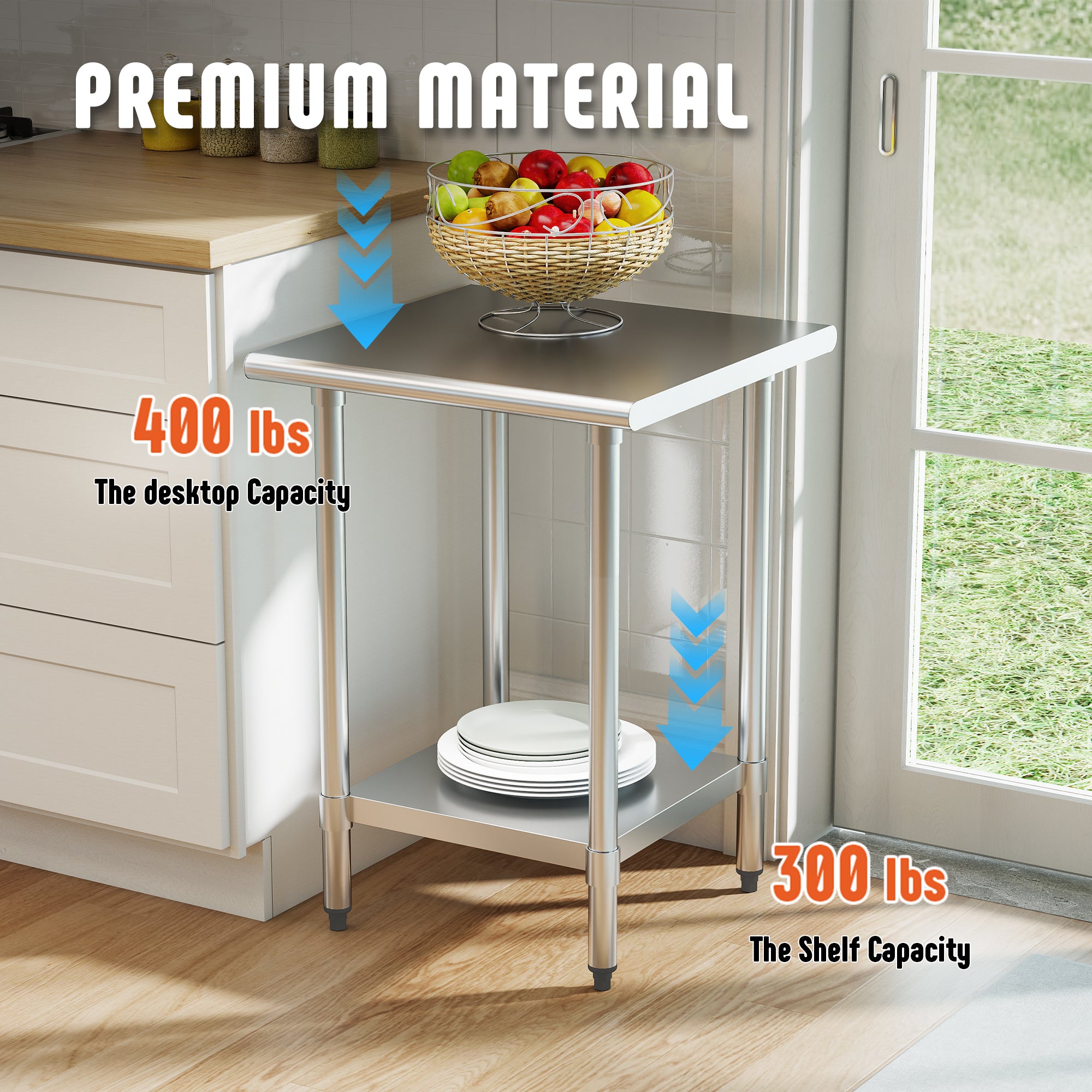 KLEENSTEEL Stainless Steel Work Table with Adjustable Undershelf, 24" x 24" Tabletop, Heavy Duty Multipurpose Food Prep Workstation for Commercial Kitchen, Restaurant, Home, BBQ, and Garage, Silver