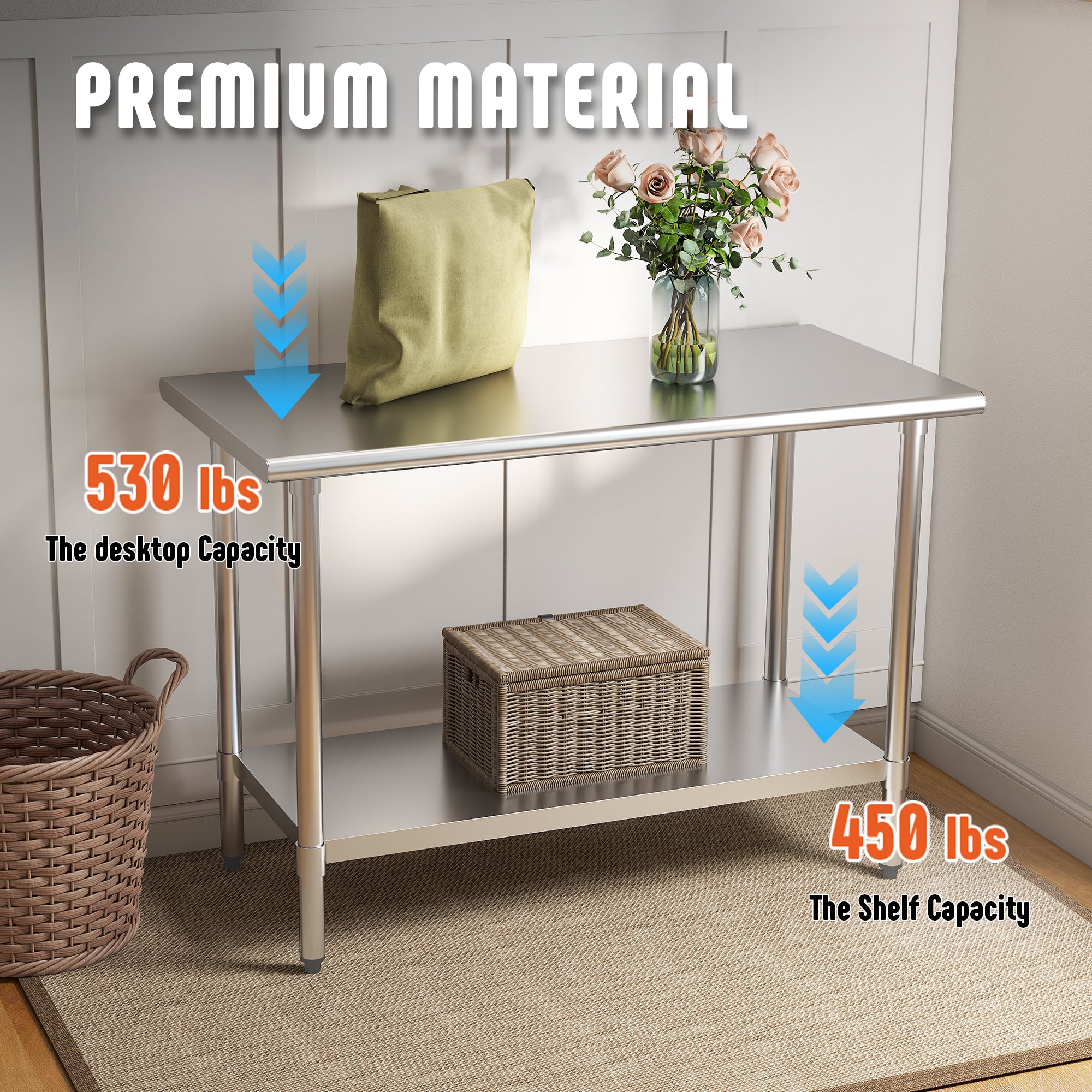 KLEENSTEEL Stainless Steel Work Table with Adjustable Undershelf, 24" x 48" Tabletop, Heavy Duty Multipurpose Food Prep Workstation for Commercial Kitchen, Restaurant, Home, BBQ, and Garage, Silver