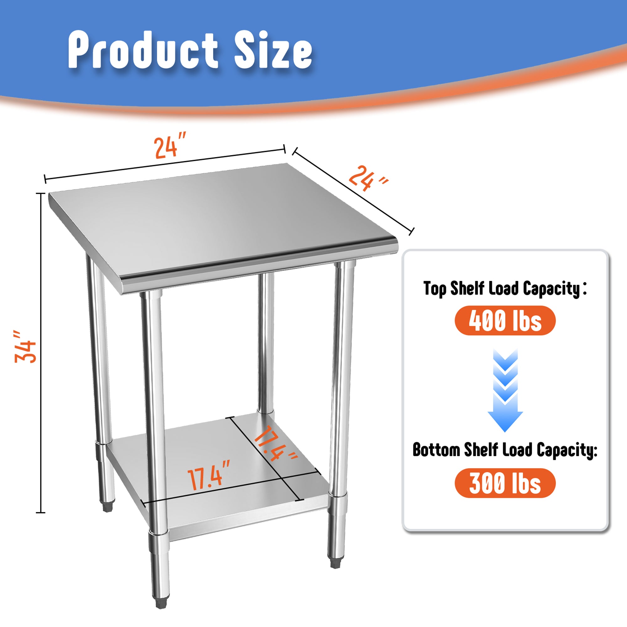 KLEENSTEEL Stainless Steel Work Table with Adjustable Undershelf, 24" x 24" Tabletop, Heavy Duty Multipurpose Food Prep Workstation for Commercial Kitchen, Restaurant, Home, BBQ, and Garage, Silver