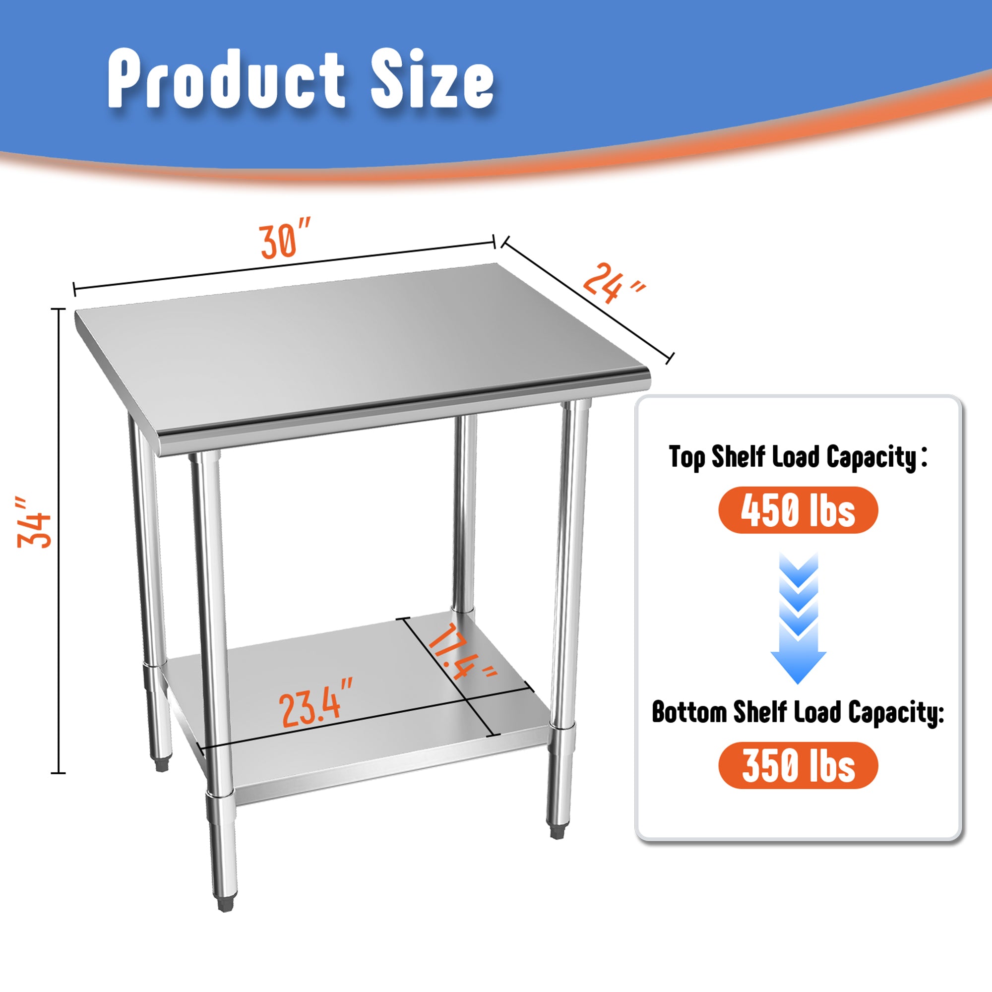 Stainless Steel Work Table with Adjustable Undershelf, 24"L x 30"W Tabletop, Heavy Duty Multipurpose Food Prep Workstation for Commercial Kitchen, Restaurant, Home, BBQ, and Garage, Silver