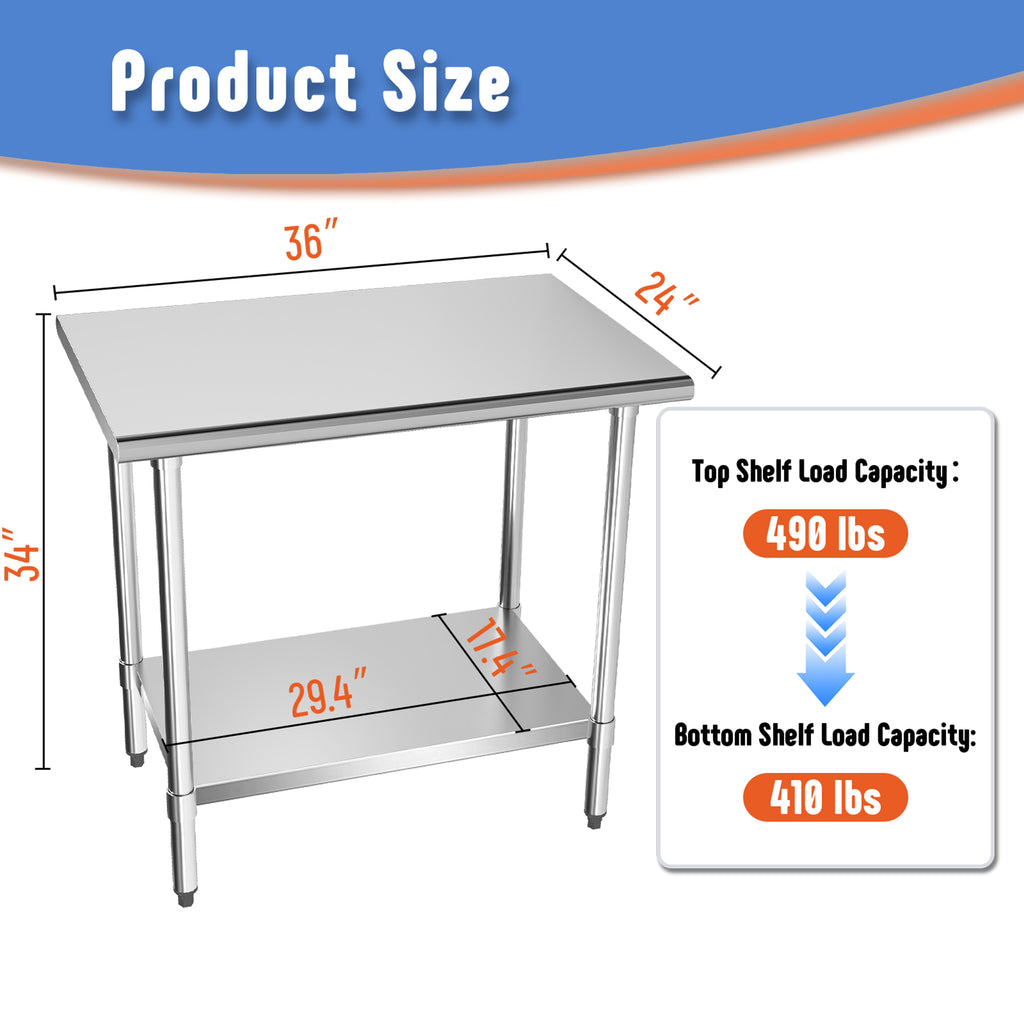 Stainless Steel Work Table with Adjustable Undershelf, 24"L x 36"W Tabletop, Heavy Duty Multipurpose Food Prep Workstation for Commercial Kitchen, Restaurant, Home, BBQ, and Garage, Silver