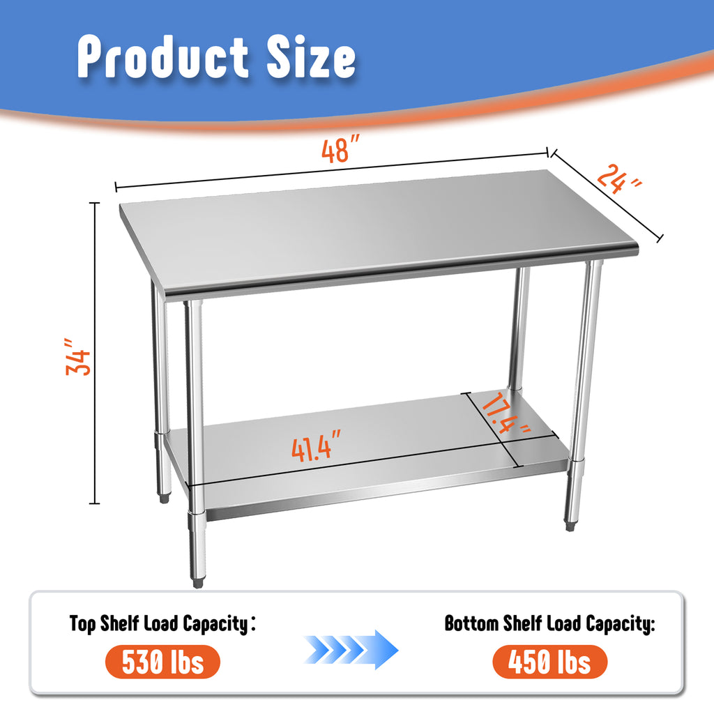 KLEENSTEEL Stainless Steel Work Table with Adjustable Undershelf, 24" x 48" Tabletop, Heavy Duty Multipurpose Food Prep Workstation for Commercial Kitchen, Restaurant, Home, BBQ, and Garage, Silver