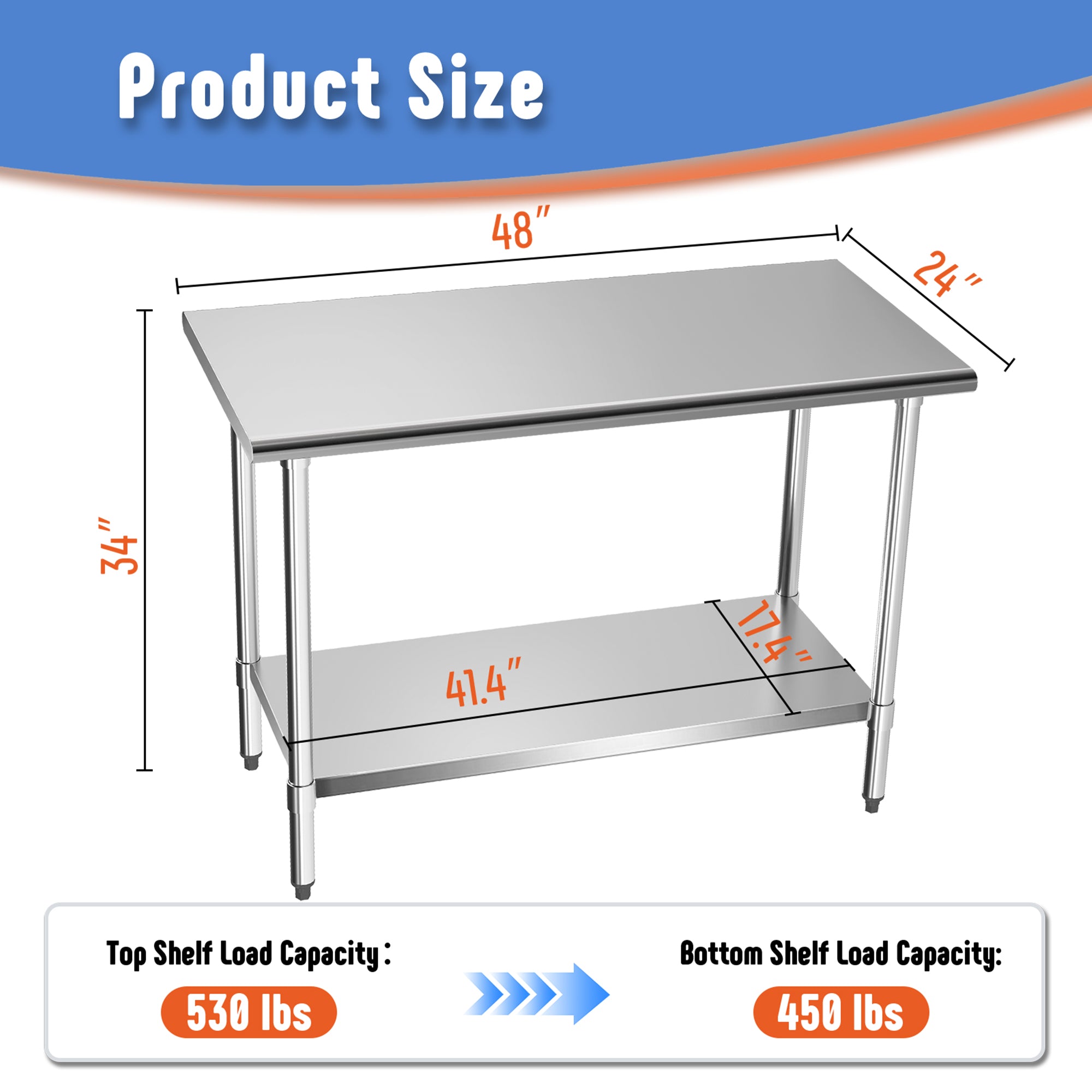 KLEENSTEEL Stainless Steel Work Table with Adjustable Undershelf, 24" x 48" Tabletop, Heavy Duty Multipurpose Food Prep Workstation for Commercial Kitchen, Restaurant, Home, BBQ, and Garage, Silver