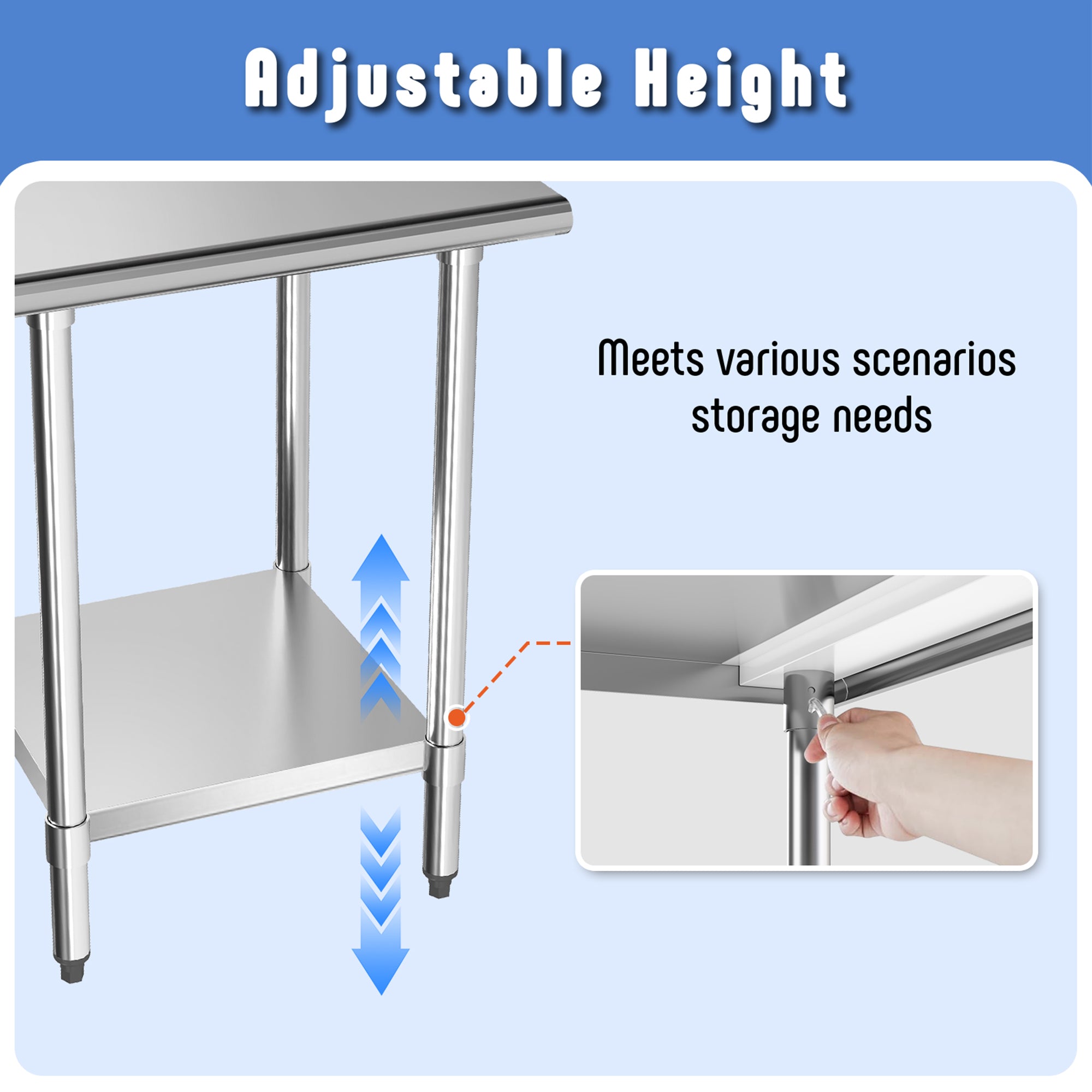 KLEENSTEEL Stainless Steel Work Table with Adjustable Undershelf, 24" x 24" Tabletop, Heavy Duty Multipurpose Food Prep Workstation for Commercial Kitchen, Restaurant, Home, BBQ, and Garage, Silver