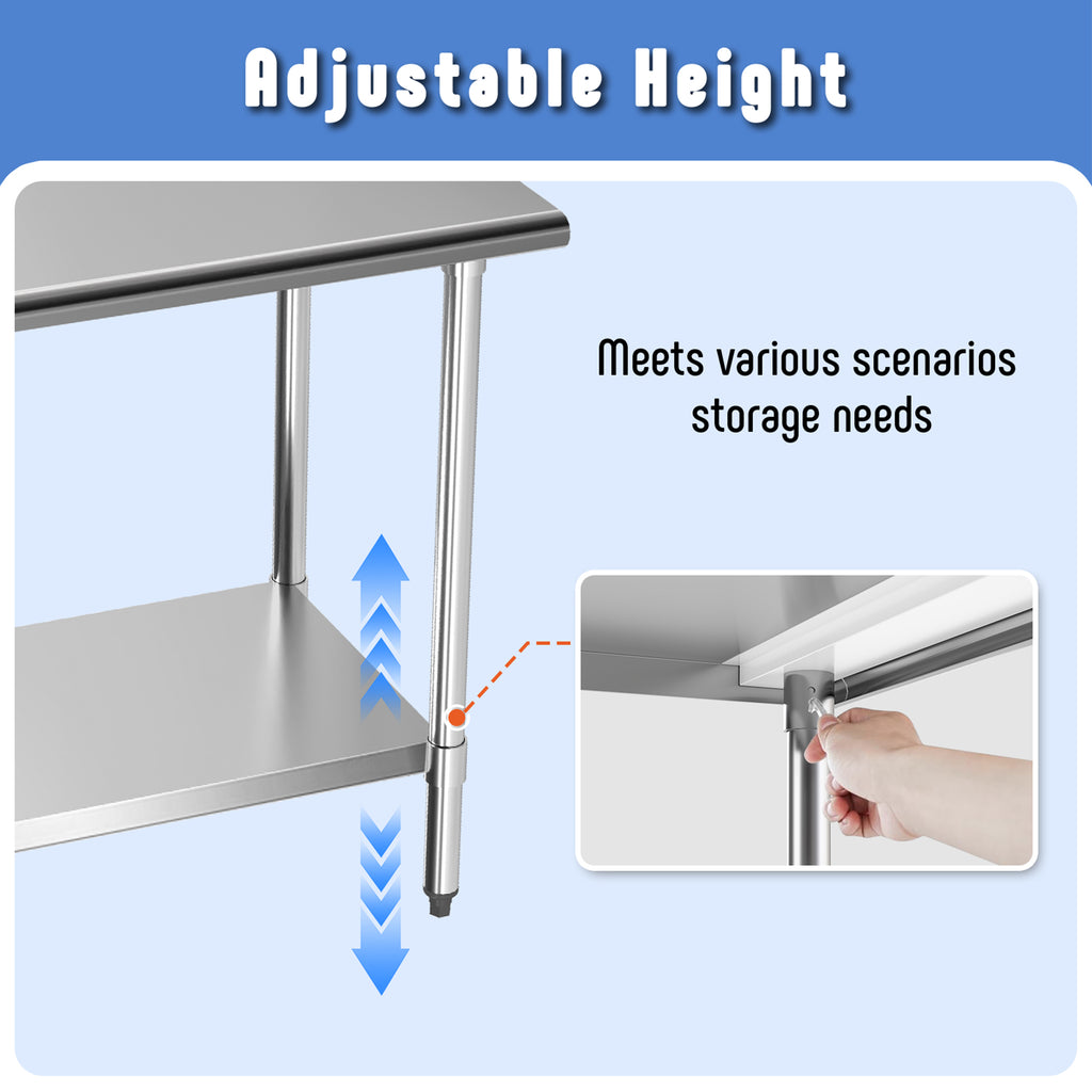 KLEENSTEEL Stainless Steel Work Table with Adjustable Undershelf, 24" x 48" Tabletop, Heavy Duty Multipurpose Food Prep Workstation for Commercial Kitchen, Restaurant, Home, BBQ, and Garage, Silver