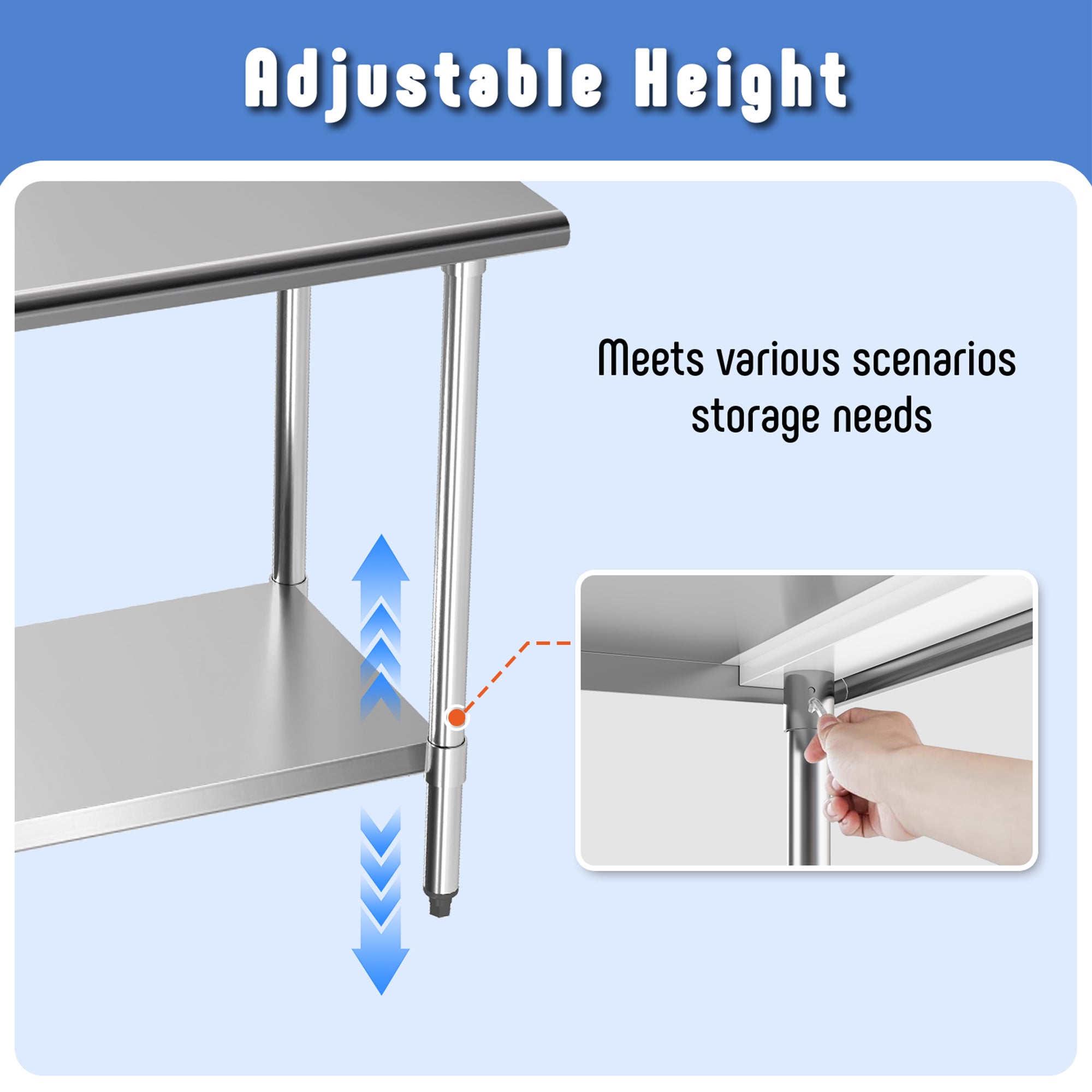 KLEENSTEEL Stainless Steel Work Table with Adjustable Undershelf, 24" x 48" Tabletop, Heavy Duty Multipurpose Food Prep Workstation for Commercial Kitchen, Restaurant, Home, BBQ, and Garage, Silver