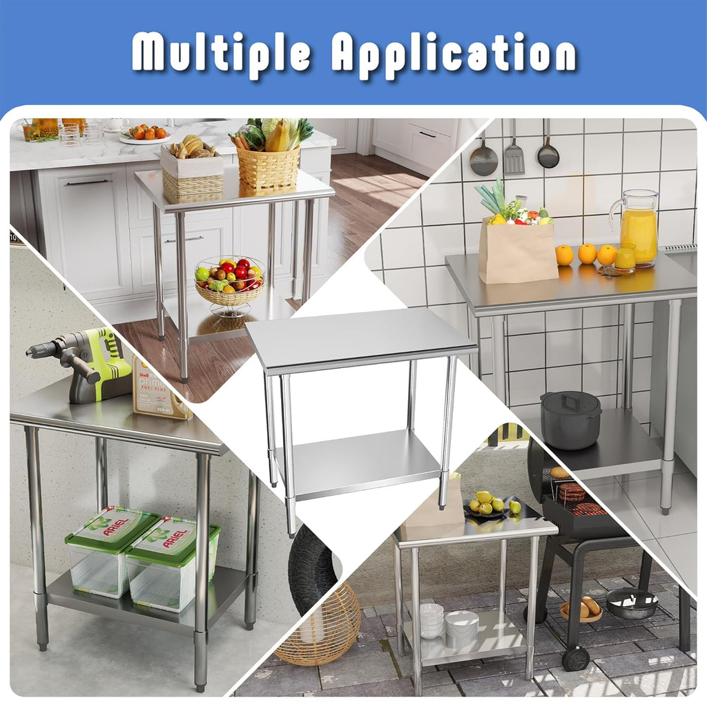 Stainless Steel Work Table with Adjustable Undershelf, 24"L x 30"W Tabletop, Heavy Duty Multipurpose Food Prep Workstation for Commercial Kitchen, Restaurant, Home, BBQ, and Garage, Silver