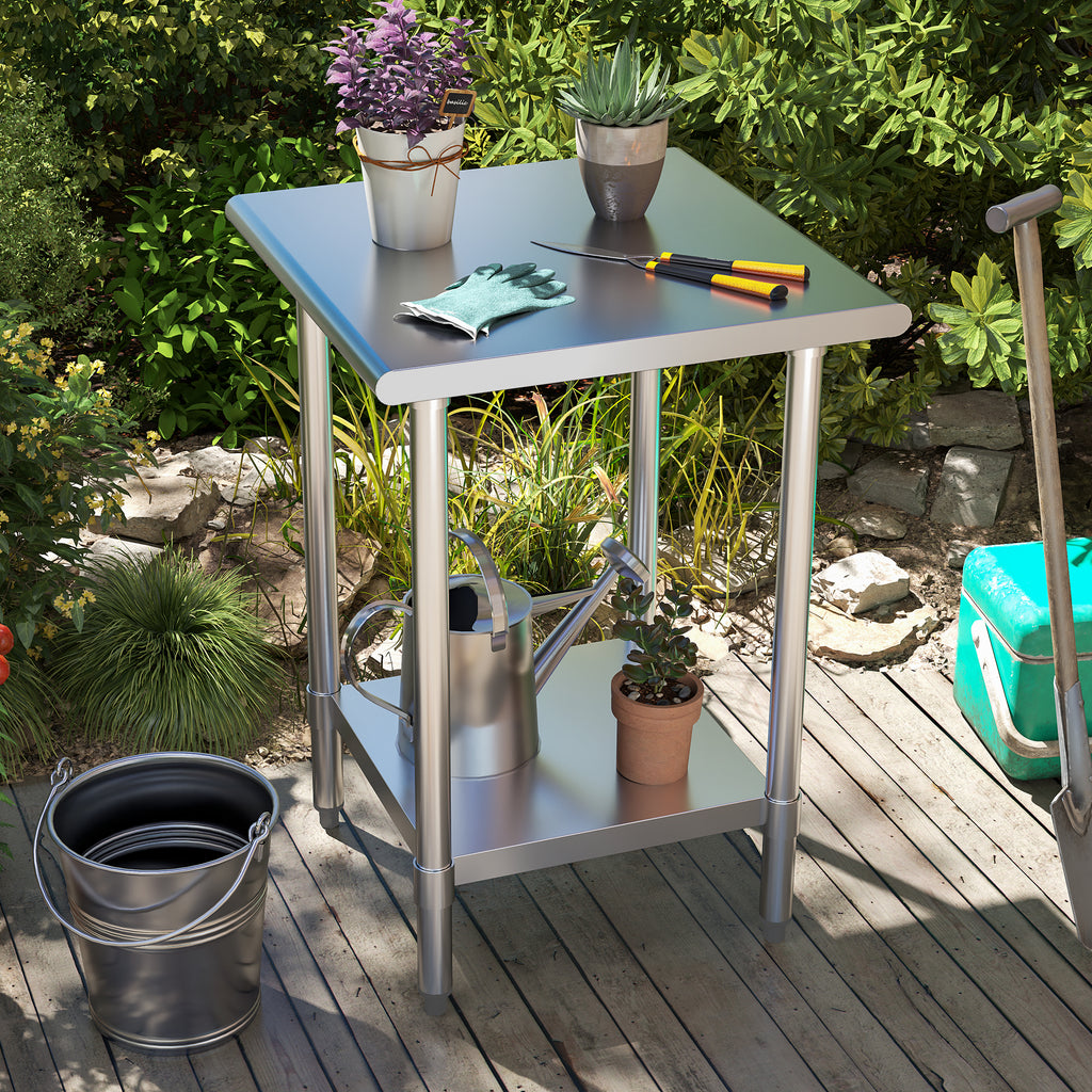 KLEENSTEEL Stainless Steel Work Table with Adjustable Undershelf, 24" x 24" Tabletop, Heavy Duty Multipurpose Food Prep Workstation for Commercial Kitchen, Restaurant, Home, BBQ, and Garage, Silver